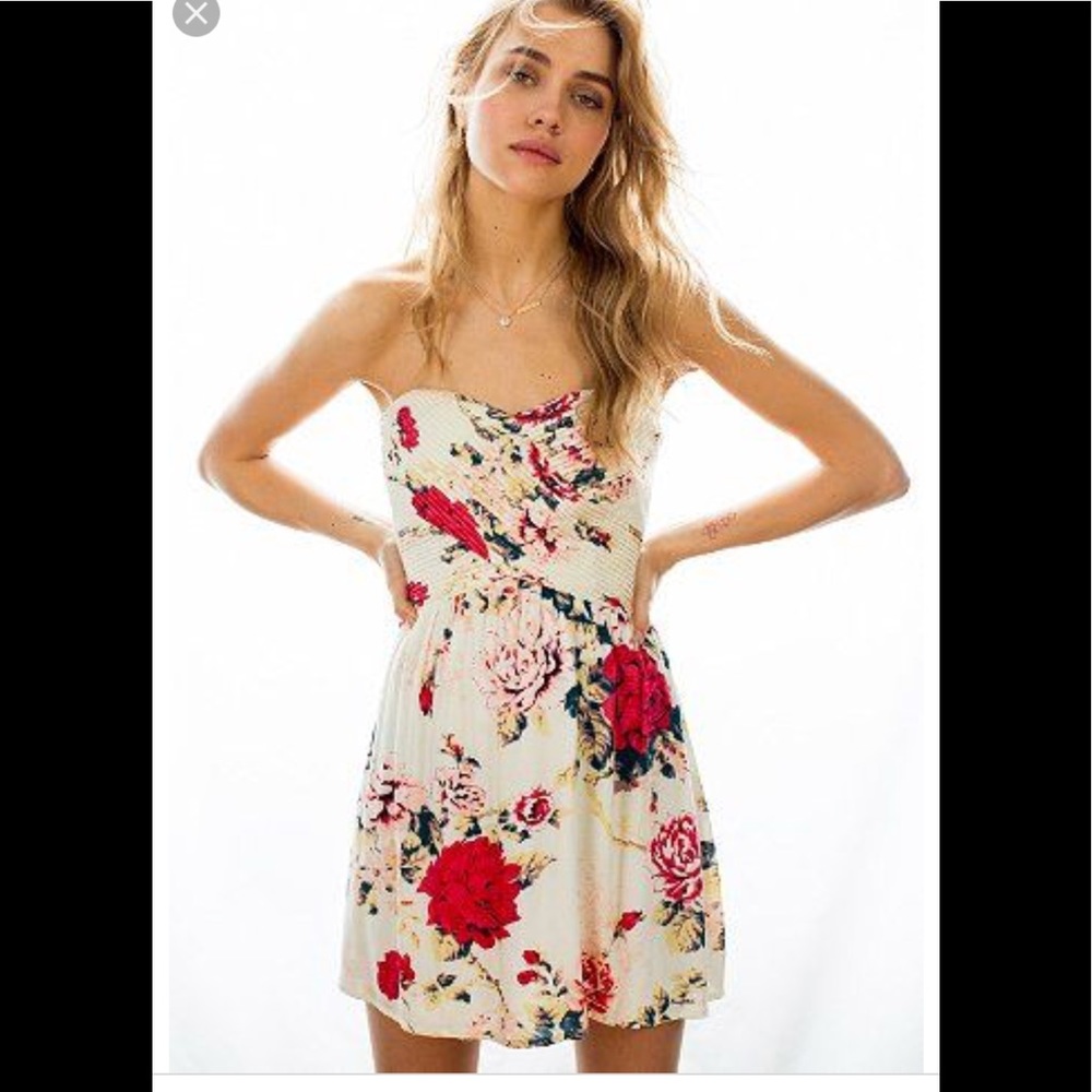 Strapless Floral Summer Dress - Cream with Red Floral